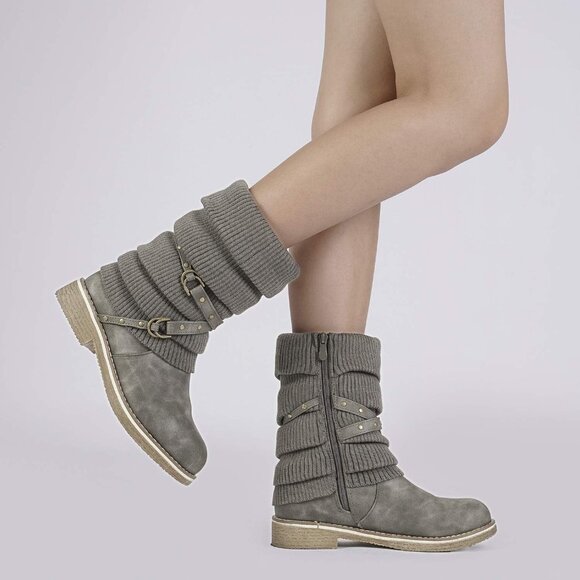 Women's Grey Faux Fur Mid Calf Fashion Winter Snow Boots Rubber Outsole - Picture 6 of 7